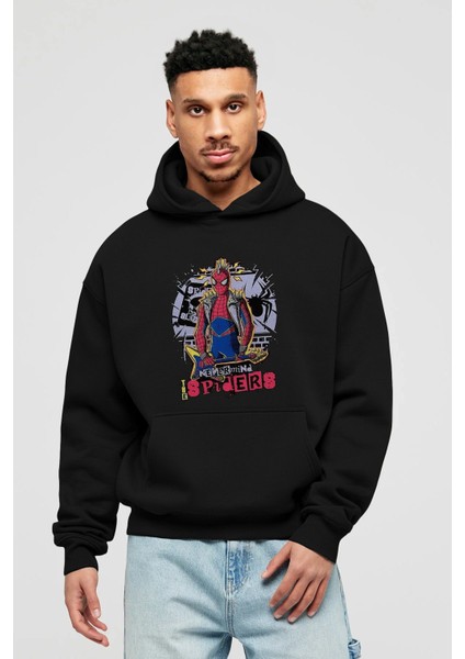Spiderman Rock Ön Baskılı Siyah Oversize Kapüşonlu Sweatshirt Erkek Kadın