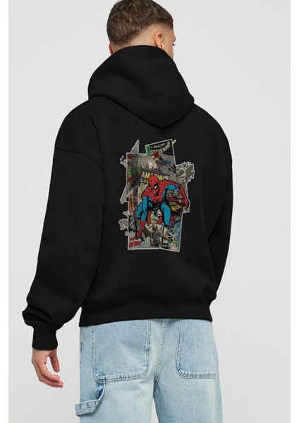 Spiderman Arka Baskılı Siyah Oversize Kapüşonlu Sweatshirt Erkek Kadın