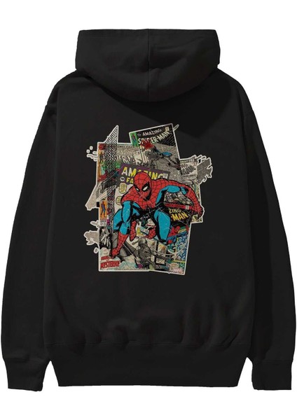 Spiderman Arka Baskılı Siyah Oversize Kapüşonlu Sweatshirt Erkek Kadın fiyatları