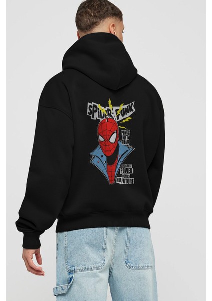 Spiderman (18) Arka Baskılı Siyah Oversize Kapüşonlu Sweatshirt Erkek Kadın