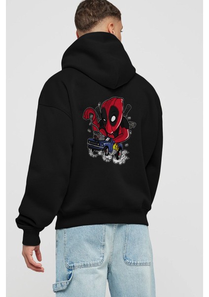 Deadpool (21) Arka Baskılı Siyah Oversize Kapüşonlu Sweatshirt Erkek Kadın