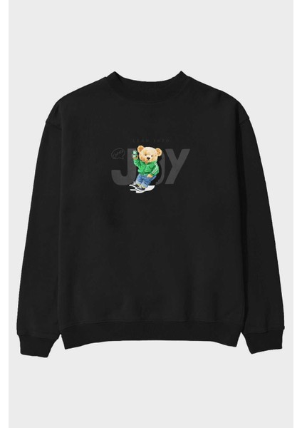 Teddy Bear Joy Ön Baskılı Siyah Oversize Sweatshirt Erkek Kadın Bisiklet Yaka
