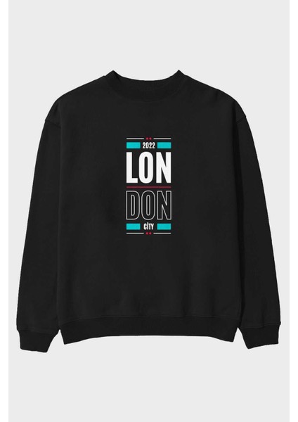 London City Yazılı Ön Baskılı Siyah Oversize Sweatshirt Erkek Kadın Bisiklet Yaka