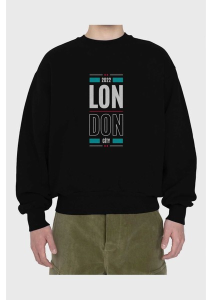 London City Yazılı Ön Baskılı Siyah Oversize Sweatshirt Erkek Kadın Bisiklet Yaka fiyatları