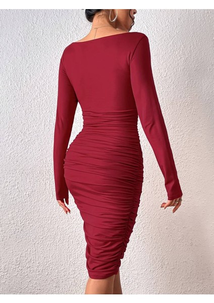 Kadın Uzun Kollu Derin Kruvaze Yakalı Büzgülü Sandy Midi Elbise indirimleri