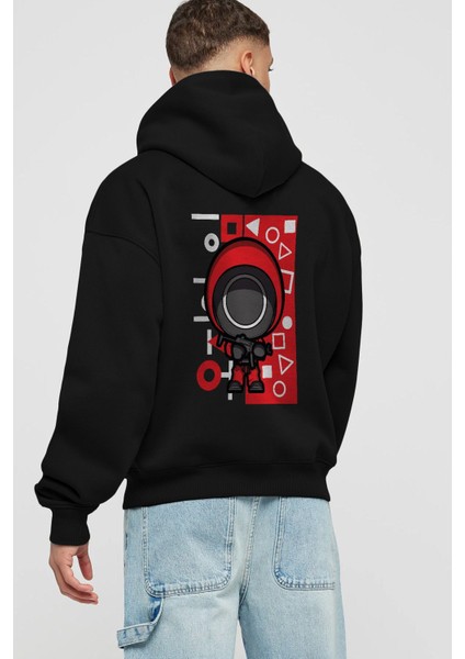 Squid Game (4) Arka Baskılı Siyah Oversize Kapüşonlu Sweatshirt Erkek Kadın