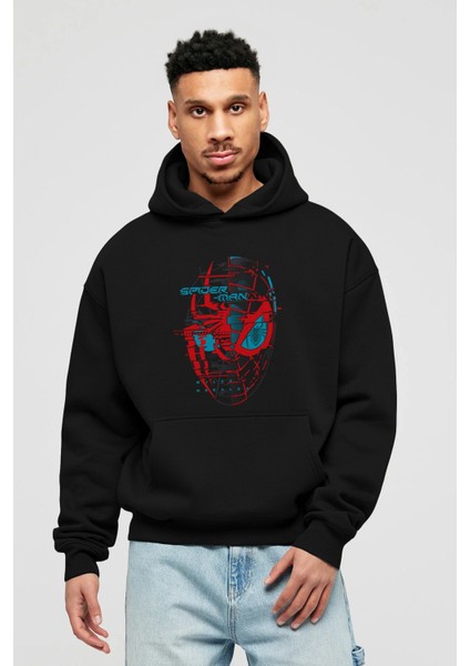 Spiderman (14) Ön Baskılı Siyah Oversize Kapüşonlu Sweatshirt Erkek Kadın