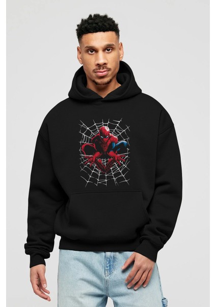 Spiderman (27) Ön Baskılı Siyah Oversize Kapüşonlu Sweatshirt Erkek Kadın