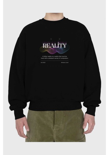 Reality 2 Ön Baskılı Siyah Oversize Sweatshirt Erkek Kadın Bisiklet Yaka fiyatları