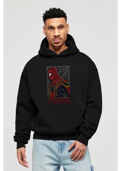 Spiderman (8) Ön Baskılı Siyah Oversize Kapüşonlu Sweatshirt Erkek Kadın