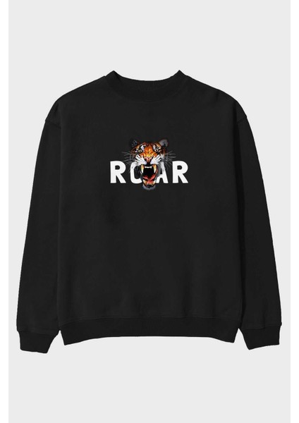 Teddy Bear Roar Ön Baskılı Siyah Oversize Sweatshirt Erkek Kadın Bisiklet Yaka