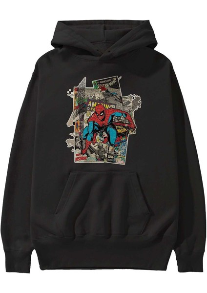 Spiderman Ön Baskılı Siyah Oversize Kapüşonlu Sweatshirt Erkek Kadın fiyatları