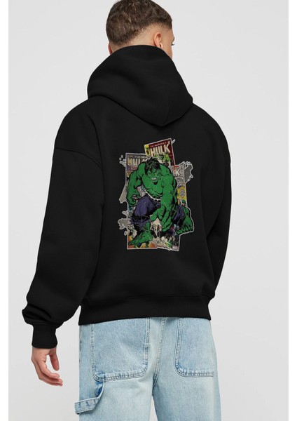 Hulk Arka Baskılı Siyah Oversize Kapüşonlu Sweatshirt Erkek Kadın