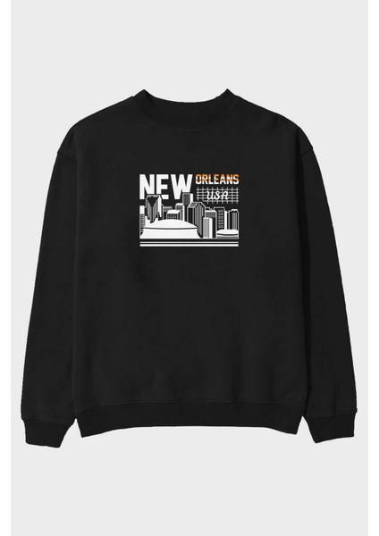 New Orleans Ön Baskılı Siyah Oversize Sweatshirt Erkek Kadın Bisiklet Yaka