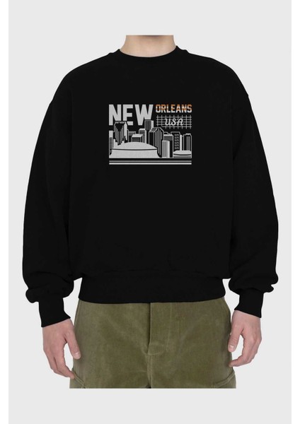New Orleans Ön Baskılı Siyah Oversize Sweatshirt Erkek Kadın Bisiklet Yaka fiyatları
