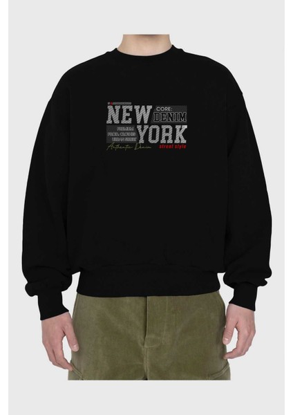 New York Street Ön Baskılı Siyah Oversize Sweatshirt Erkek Kadın Bisiklet Yaka fiyatları