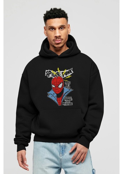 Spiderman (18) Ön Baskılı Siyah Oversize Kapüşonlu Sweatshirt Erkek Kadın