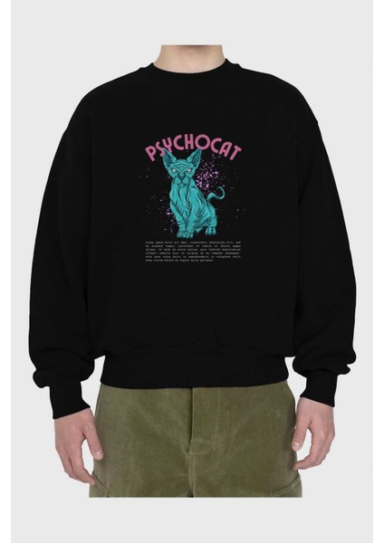 Psychocat Ön Baskılı Siyah Oversize Sweatshirt Erkek Kadın Bisiklet Yaka fiyatları