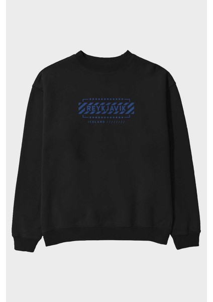 Reykjavik Ön Baskılı Siyah Oversize Sweatshirt Erkek Kadın Bisiklet Yaka