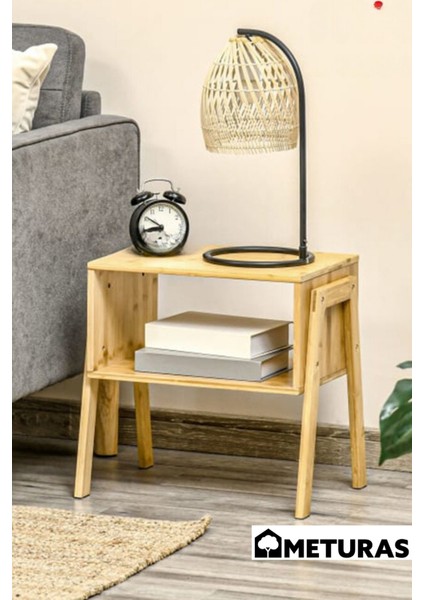 Dekoratif Bambu 2 Katlı Raflı Yan Sehpa Ve Komodin Sehpa 43x42x32,5 Cm