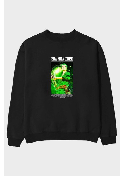 Roronoa Zoro 5 Ön Baskılı Siyah Oversize Sweatshirt Erkek Kadın Bisiklet Yaka