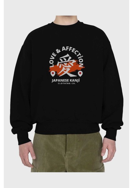 Love Affection Japanese Ön Baskılı Siyah Oversize Sweatshirt Erkek Kadın Bisiklet Yaka fiyatları
