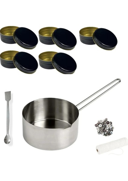 Yılbaşı Mum Yapım Seti Mum Eritme Kabı 500 ml Karıştırma Kaşığı Fitil Tutacağı Mum Kabı 5li Siyah