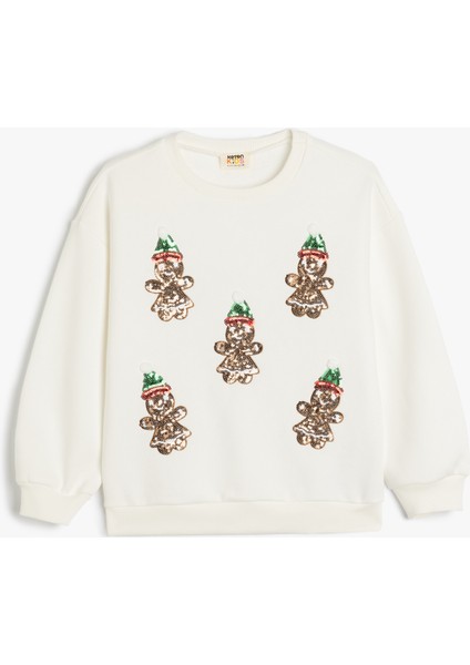 Sweatshirt Yılbaşı Temalı Pullu Payetli Kurabiye Adam Baskılı Uzun Kollu Bisiklet Yaka