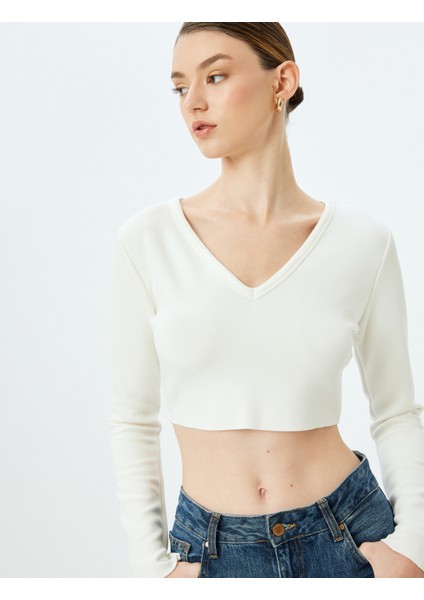 Viskon Uzun Kollu V Yaka Crop T-Shirt