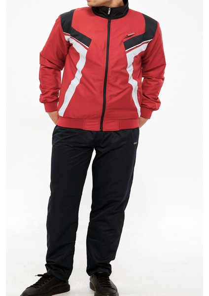 Erkek Kırmızı Yarım Balıkçı Yaka Düz Paça Maraton Büyük Beden Eşofman Takımı EDY2637B-K