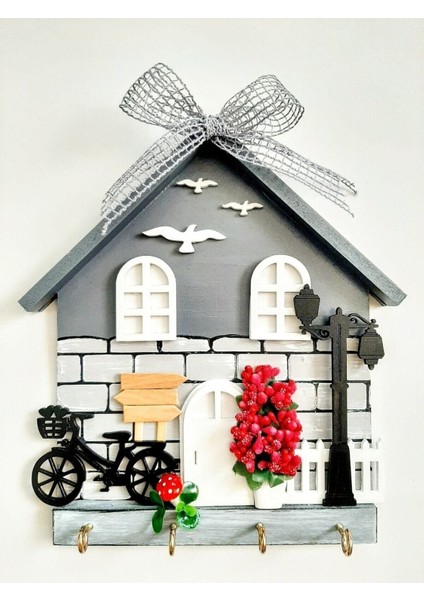 Gri ahşap duvar askısı, şık ve fonksiyonel anahtarlık tutucu decor.