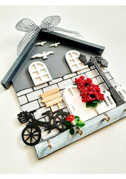 Gri ahşap duvar askısı, şık ve fonksiyonel anahtarlık tutucu decor.