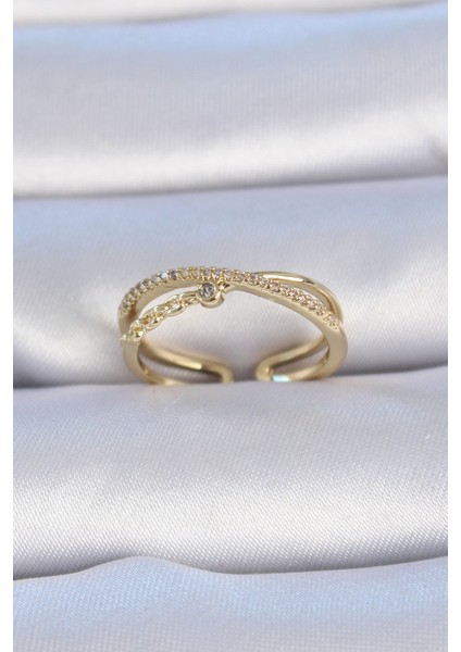 Pirinç Gold Renk Zirkon Taşlı Kadın Yüzük