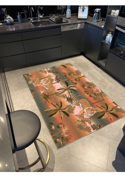 Turuncu Tonlarda Palmiye Ağaçlı Hayvanlı Desenli Dokuma Taban Halı