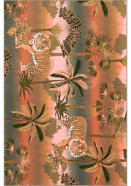 Turuncu Tonlarda Palmiye Ağaçlı Hayvanlı Desenli Dokuma Taban Halı fiyatları