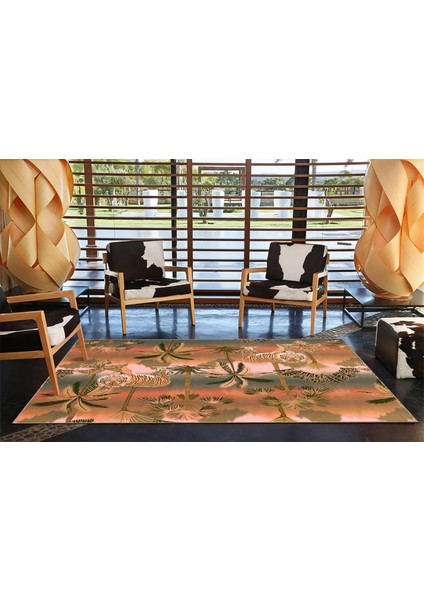 Turuncu Tonlarda Palmiye Ağaçlı Hayvanlı Desenli Dokuma Taban Halı modelleri