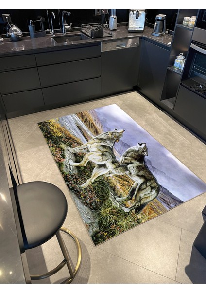 Hayvan Uluyan Kurtlar Desenli Dokuma Taban ve Dekoratif Halı MIRAVIP402