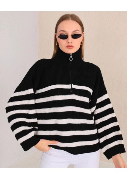 Çizgili Fermuarlı Triko Boğazlı Kazak