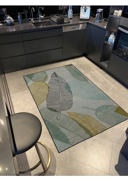 Yeşil ve Gri Renkli Yapraklı Desenli Dokuma Taban Halı MIRAVIP313