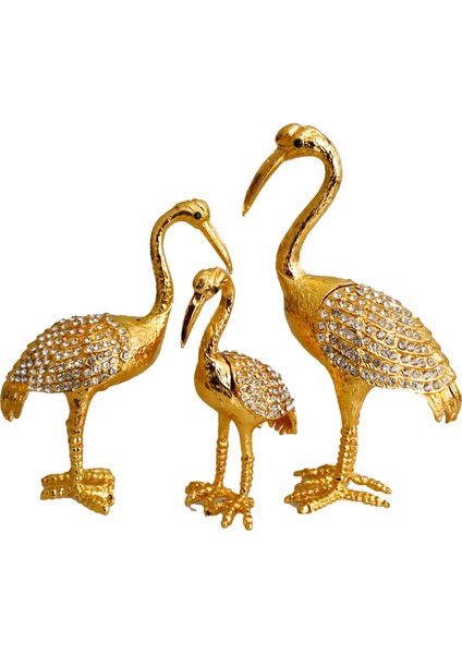 "Kristal Taş Işlemeli Metal Flamingo Ailesi - Şık Ve Dekoratif Ürün"