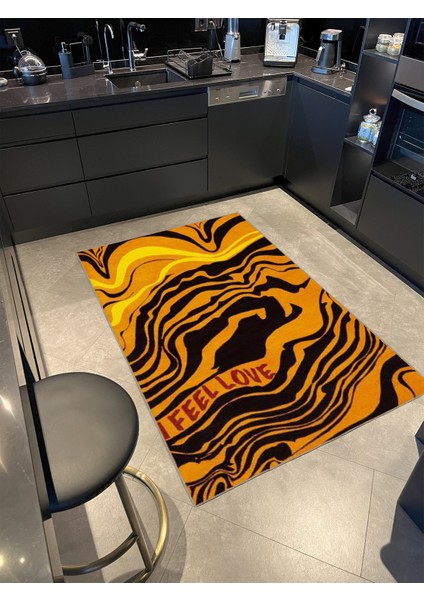 Turuncu Siyah Çizgili Dalgalı Desenli Modern Dekoratif Halı MIRAVIP479