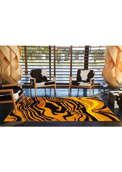 Turuncu Siyah Çizgili Dalgalı Desenli Modern Dekoratif Halı MIRAVIP479 modelleri