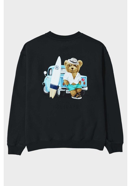 Teddy Bear Surf Club Arka Baskılı Siyah Oversize Sweatshirt Erkek Kadın Bisiklet Yaka