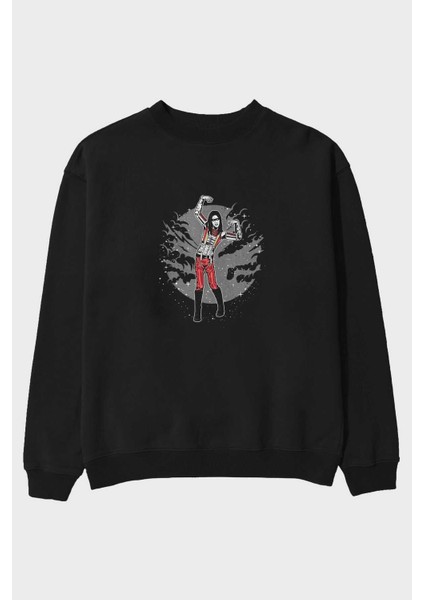Marilyn Manson Ön Baskılı Siyah Oversize Sweatshirt Erkek Kadın Bisiklet Yaka