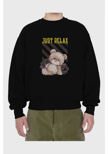Just Relax Teddy Bear Ön Baskılı Siyah Oversize Sweatshirt Erkek Kadın Bisiklet Yaka fiyatları