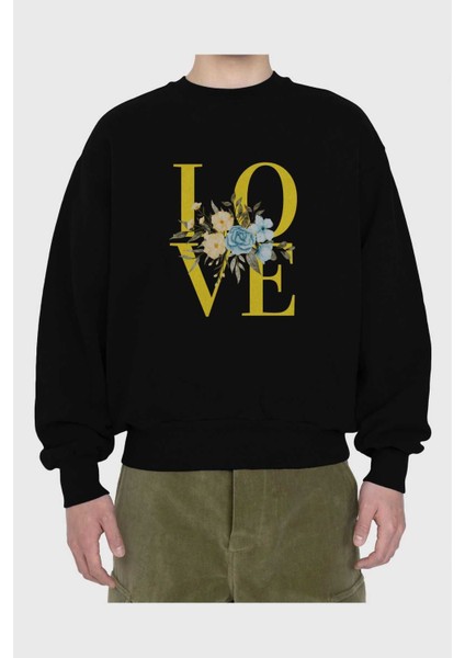 Love Flower Ön Baskılı Siyah Oversize Sweatshirt Erkek Kadın Bisiklet Yaka fiyatları
