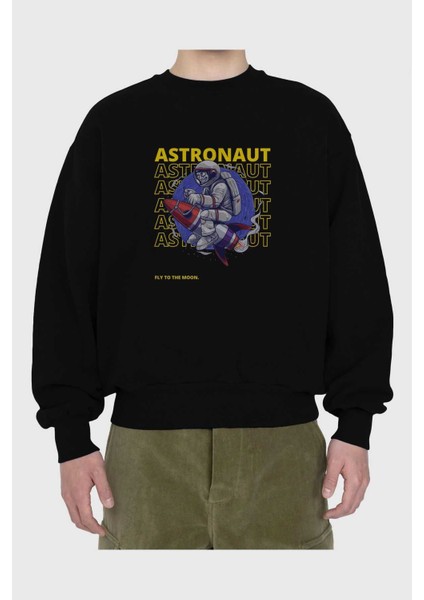 Astronaut Fly To The Moon Yazılı Ön Baskılı Siyah Oversize Sweatshirt Erkek Kadın Bisiklet Yaka fiyatları