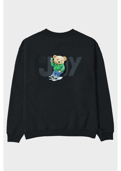 Teddy Bear Joy Arka Baskılı Siyah Oversize Sweatshirt Erkek Kadın Bisiklet Yaka