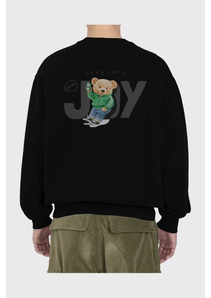 Teddy Bear Joy Arka Baskılı Siyah Oversize Sweatshirt Erkek Kadın Bisiklet Yaka fiyatları