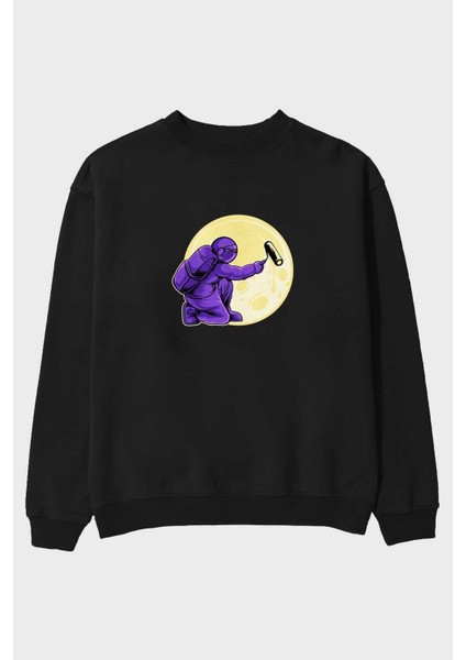 Astropaint Ön Baskılı Siyah Oversize Sweatshirt Erkek Kadın Bisiklet Yaka